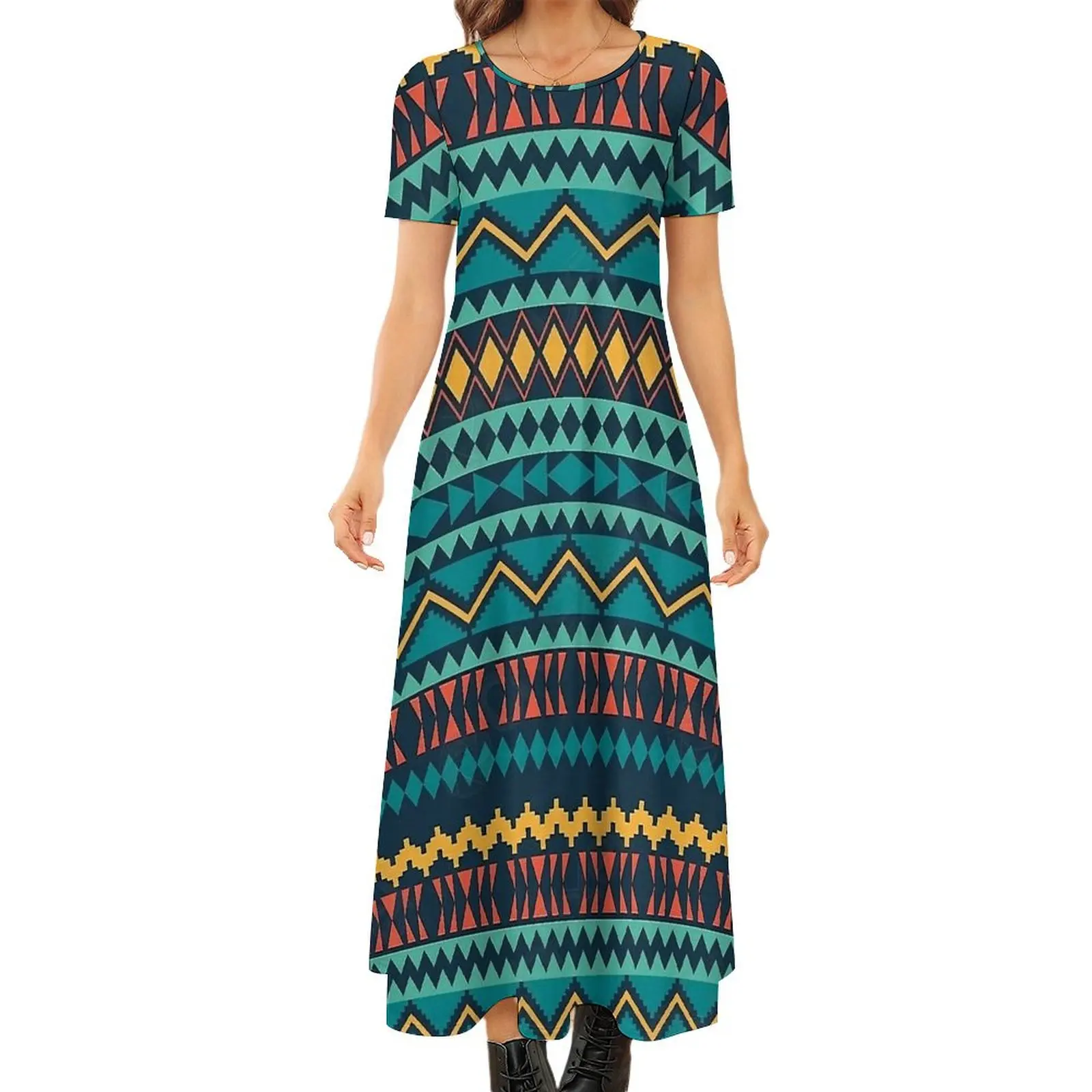 Retro Aztec Art Pattern Dress  Aesthetic Bohemia Long Dresses Women Vintage Maxi Dress Birthday Present