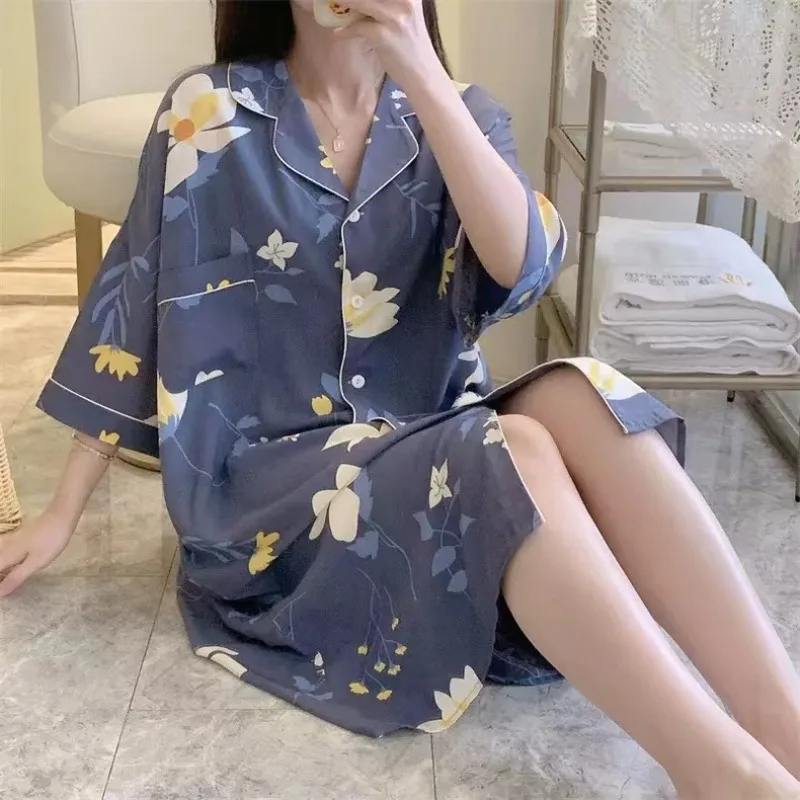 Baggy Nightgowns Women Summer Print Sleepwear Gentle Soft Breathable Korean Fashion Aesthetic Clothes All-match Home Wear Mujer