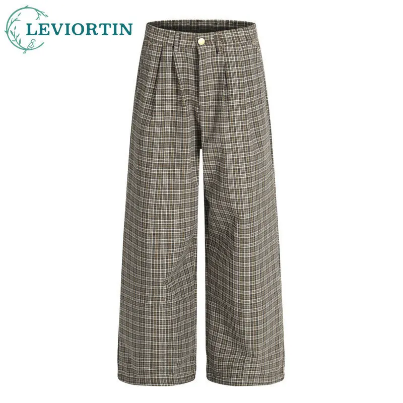

Men's American retro street trend sports and casual loose wide leg straight leg pants with button design and plaid pants