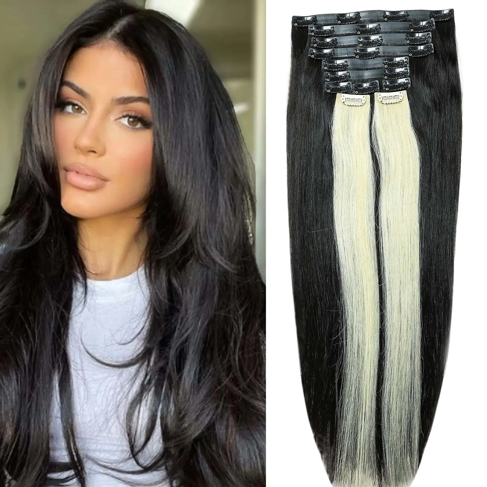 Straight Clip In 100% Human Hair Extensions 16"-24" 9Pcs Natural Black Clips Hair 2Pcs 613 Blonde Colored Clip in Hair Extension