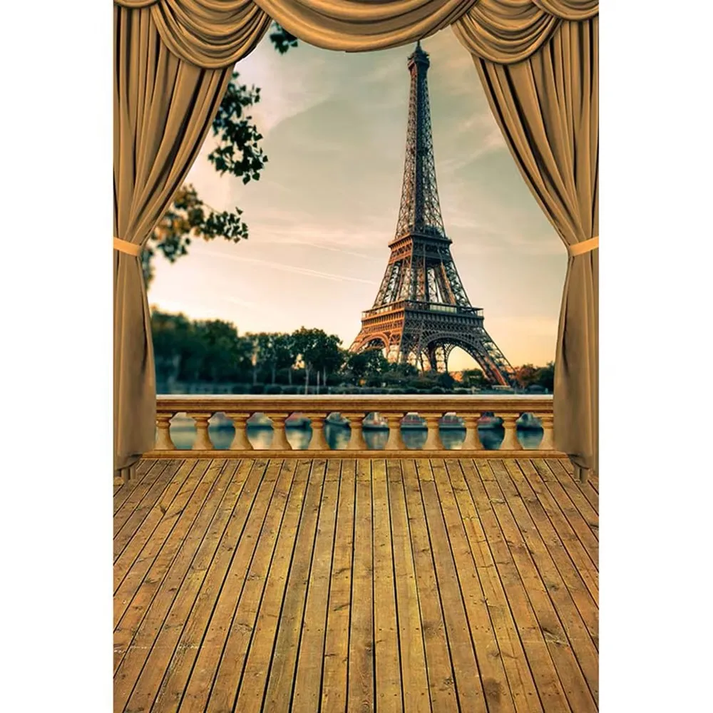 Cymbozin Eiffel Tower Photography Backdrops Printed Brown Curtain Sky Wedding Photo Studio Stage Background Wooden Floor