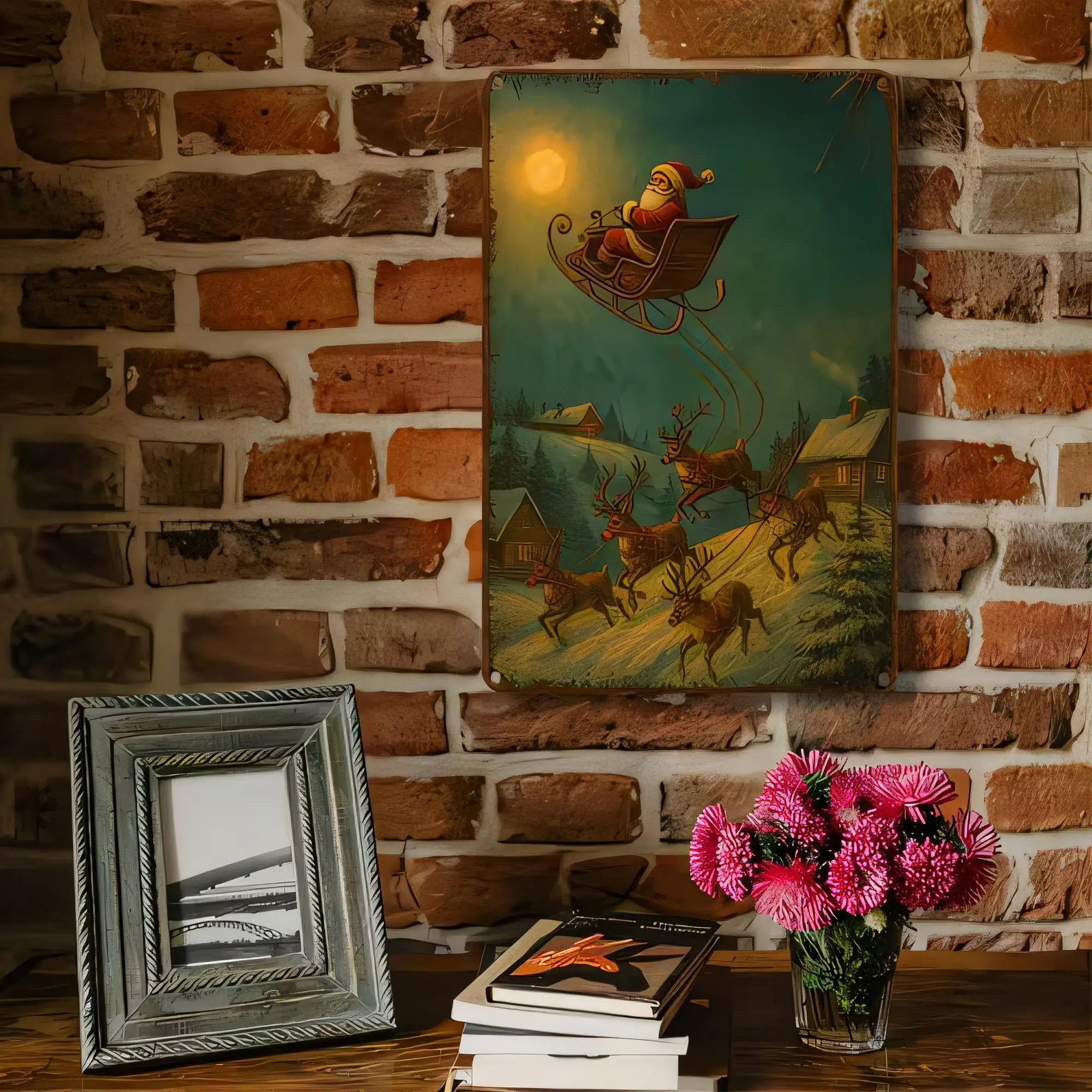 Tin Sign, Vintage Haunted Halloween Scene Wall Decor, Pumpkin Witch and Haunted House Art Print Metal Poster, Rustic Farmhouse D