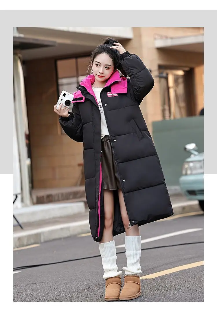 Long Hooded Puffer Coat Women Contrast Collar Warm Quilted Parka Zip‑Up Loose Windproof Winter Outerwear Ladies Padded Jacket
