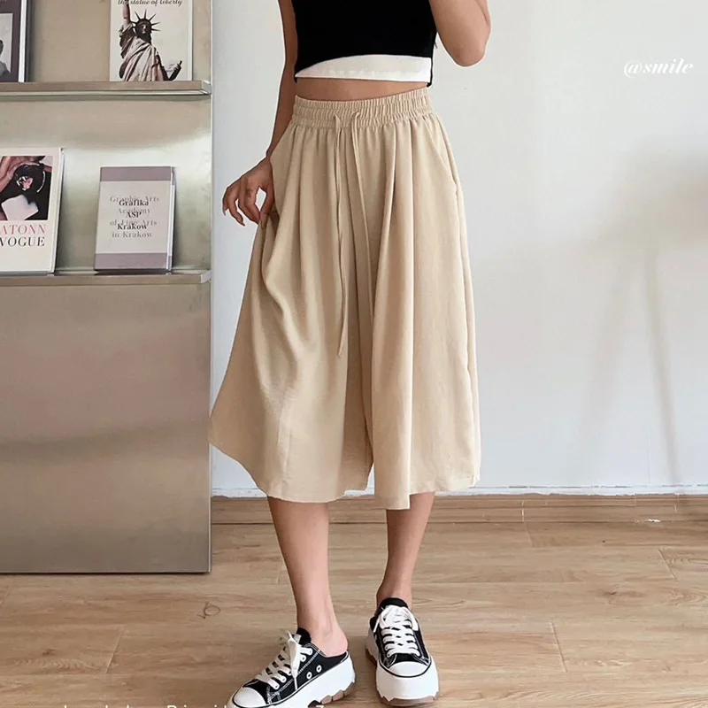 Women knee Length loose Pants Elastic Waist Wide Leg Female Pants 2024 Female Basic Summer Half Pants