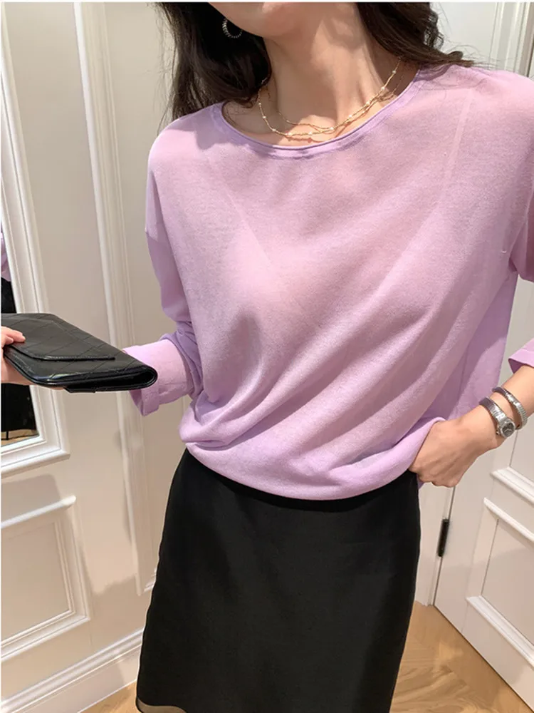 

Новинка 2025 года, шелковый свитер из лиоцелла с круглым вырезом, повседневная солнцезащитная рубашка, женский весенне-летний тонкий вязаный пуловер, свободные топы с длинными рукавами