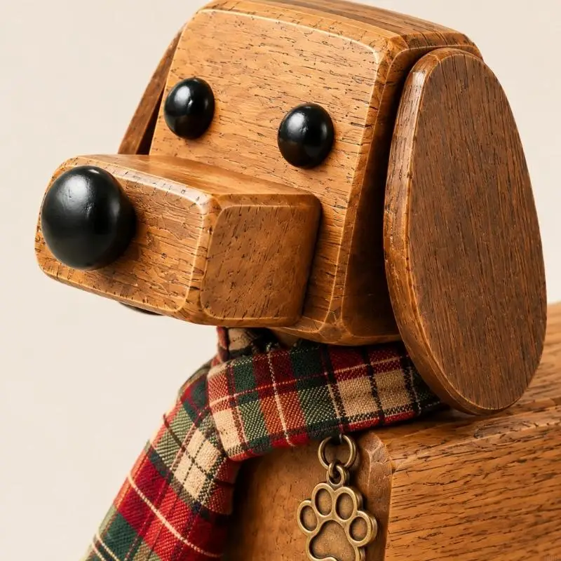 Christmas Wiener Dog Figurine in Natural with Plaids Scarf and Paws-Print Charm, Animal Decors for Tabletop and B03E