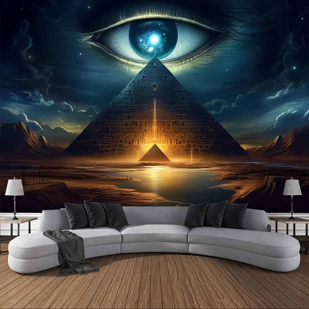 Mystic Eye Pyramid Tapestry, Illuminated Ancient Structure under Cosmic Sky, Spiritual Wall Hanging for Bedroom Living Room