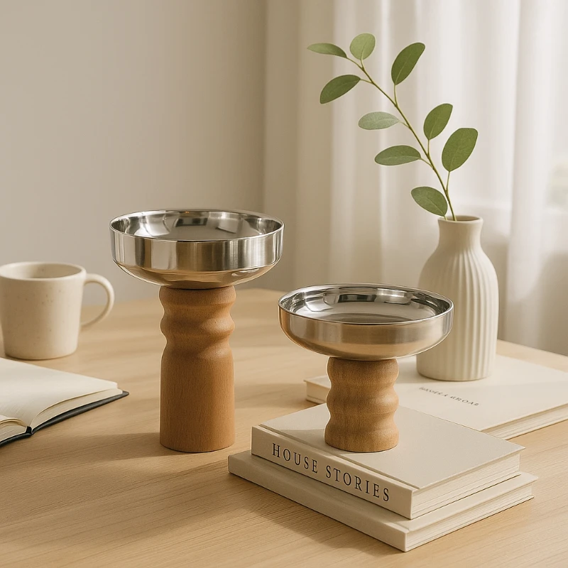 

Modern Nordic Incense Tray Stainless Steel with Beech Wood Raised Desktop Storage Plate Entryway Organizer for Home Decor