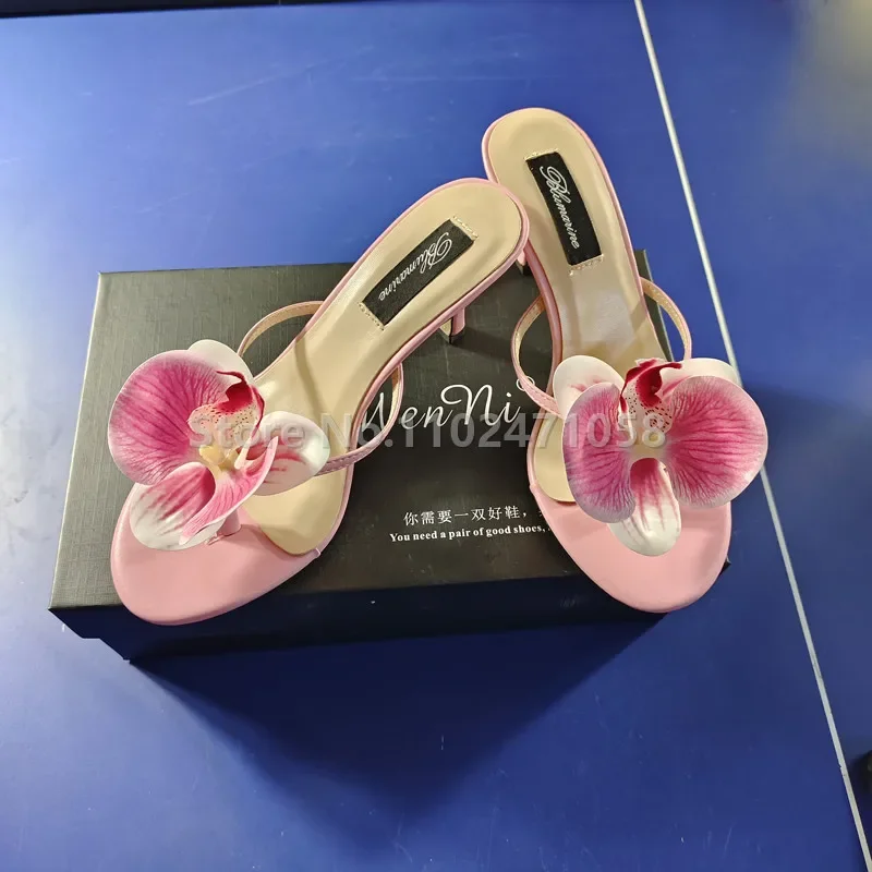Pink Orchid Flowers Decor Women Slippers Summer Outside High Heels Shoes Round Toe Thin Heels Ladies Slingback Slip-On Flipflops