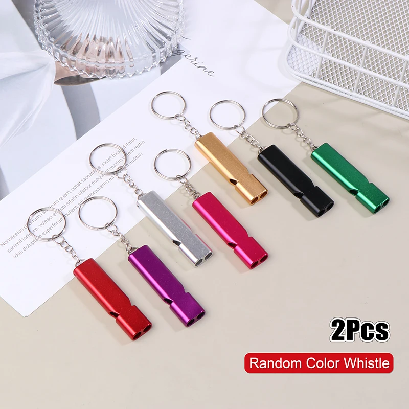 2Pcs Portable Aluminum Safety Whistle Double Pipe Whistle Keychain High Decibel Outdoor Camping Multifunction Survival Whistle