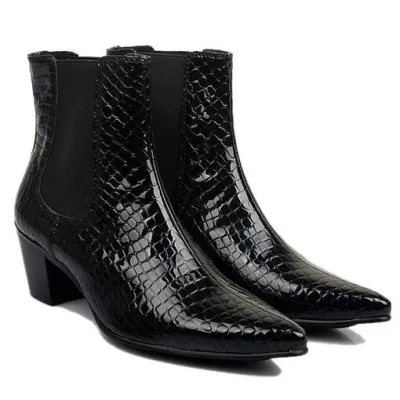 Men's Leather Boots 6Cm High Heel Thick Heel Personality Boots Stage Bar Pointed Snake Pattern Black Leather Business Boots