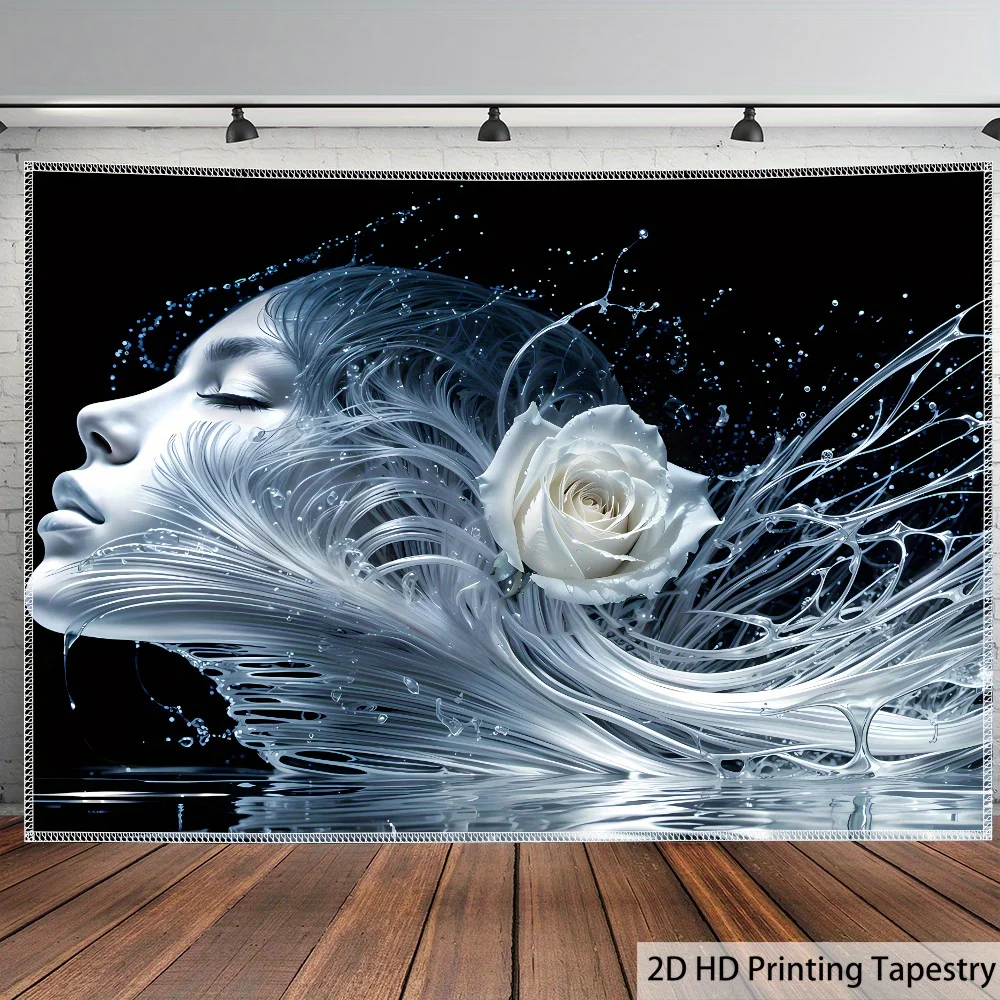 Dreamy Artistic Portrait Tapestry White Rose Water Flow Design Modern Decor Wall Hanging for Living Room or Bedroom Decoration