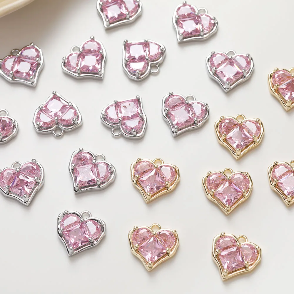 2PCS Sweet Pink Zircon Love Heart Pendant 14K Gold Plated Jewelry Making Supplies For Necklace Accessories
