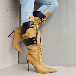 ZHIMA Women Calf High Boots Lace Up Poinetd Toe Thin High Heels Tall Boots Handmade Ladies Handmade Shoes Woman Size 36 37. 41 43