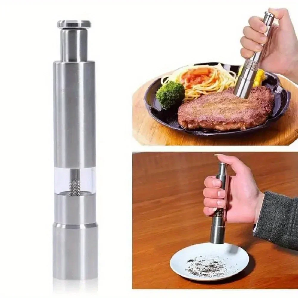 One Handed Salt Pepper Grinder with Push Button, Stainless Steel Base & Rod, Practical Kitchen Cooking Gadgets