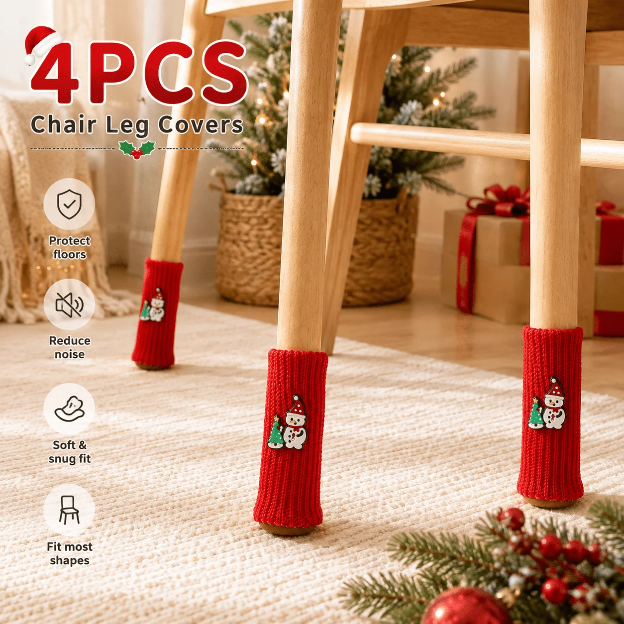 4-Pack Christmas Snowman Chair Leg Covers, Red Knitted Christmas Table and Chair Leg Protectors, Wear-Resistant Foot Pad Covers