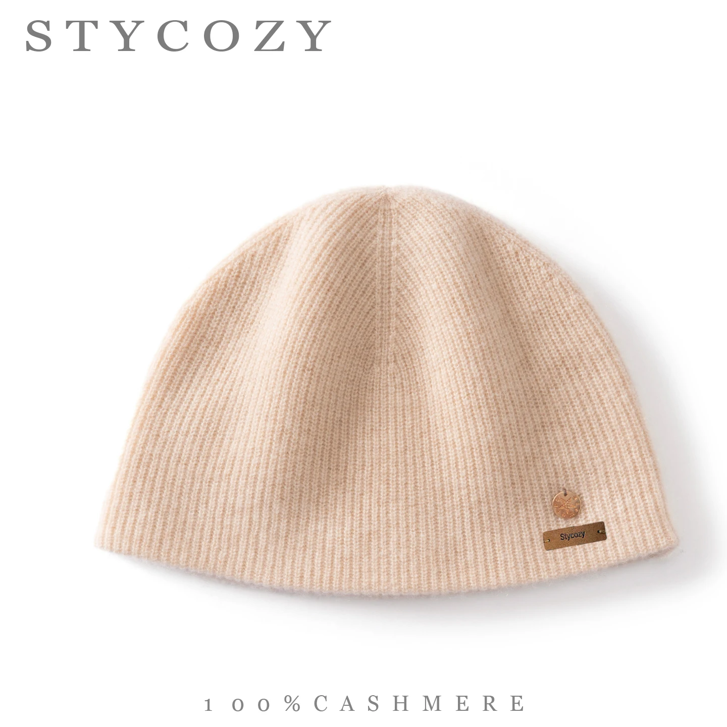 100% Cashmere Ribbed Beanie Hat Women Metal Round Tag Decor Soft Elastic Knitted Cap Warm Winter Unisex Casual Daily Headwear