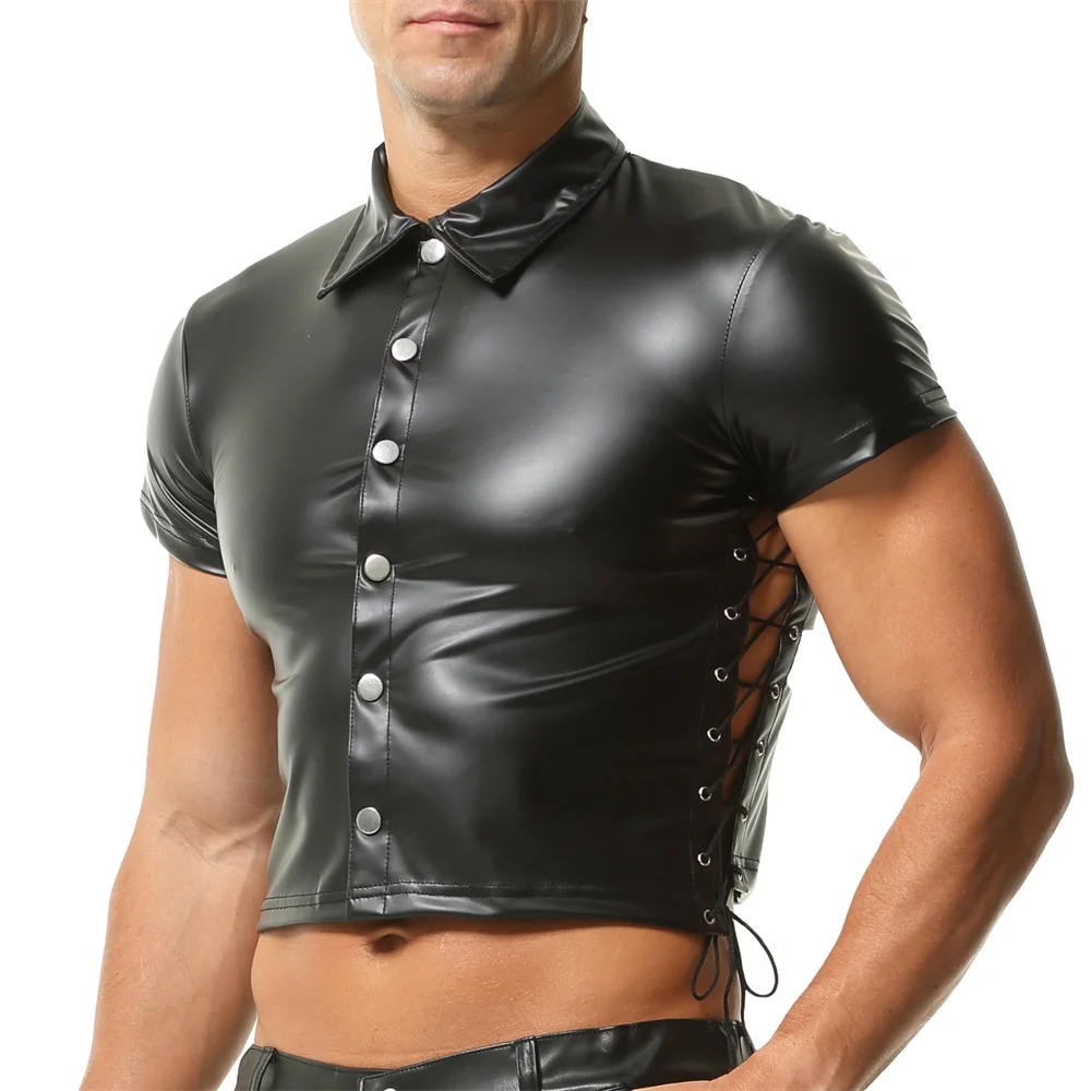 Men's Press Button Shirts Slim-fit Short Sleeve Tops Faux Leather Tight Side Lace-up T-shirts Stretch Sexy Nightclub Party Tees