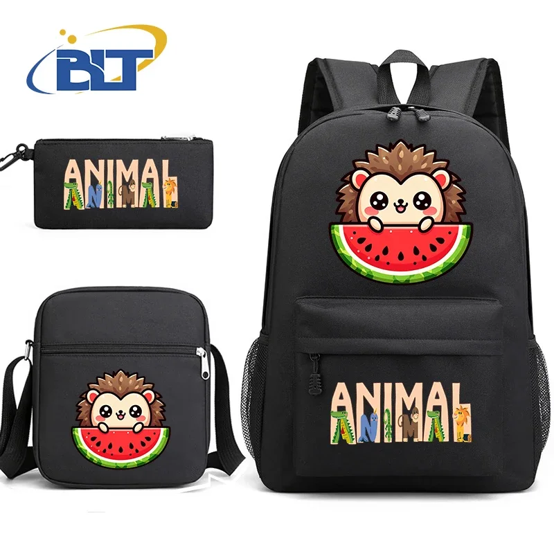 Cute Animal Print Student Schoolbag Youth Backpack Shoulder Bag Pencil Bag 3-piece Set Kids Gift