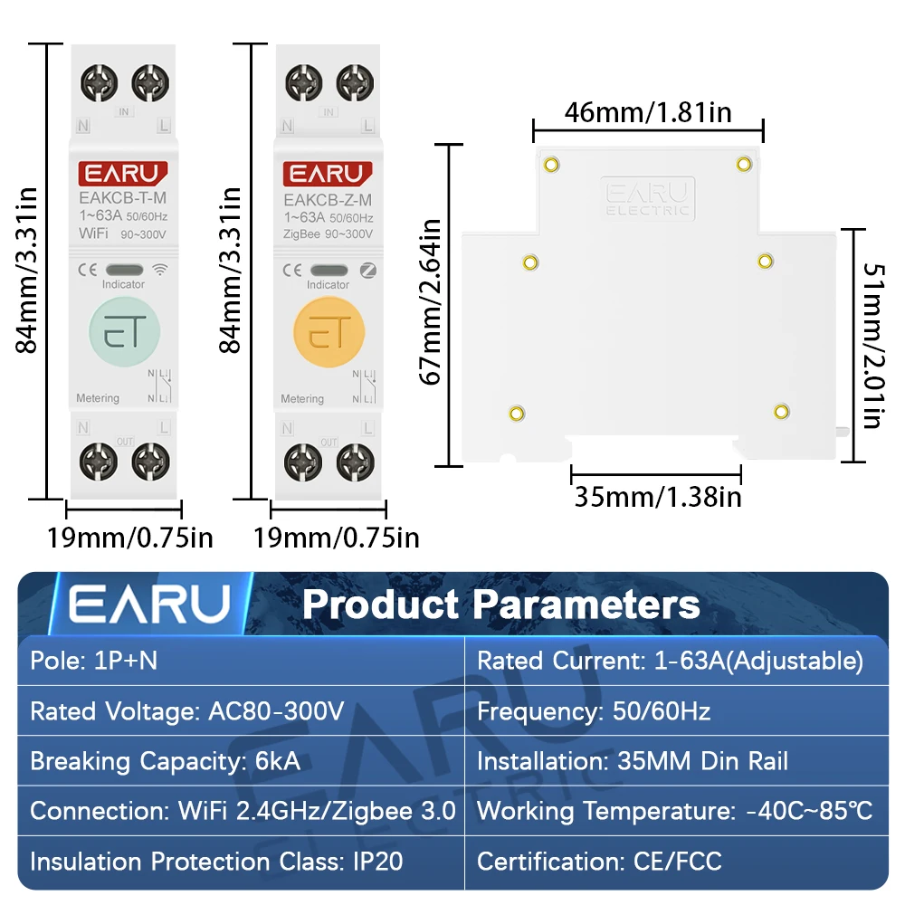 EARU Tuya ZigBee WiFi Smart Circuit Breaker 63A MCB Timer Relay Switch Energy Meter kWh Voltage Current Protector Remote Control