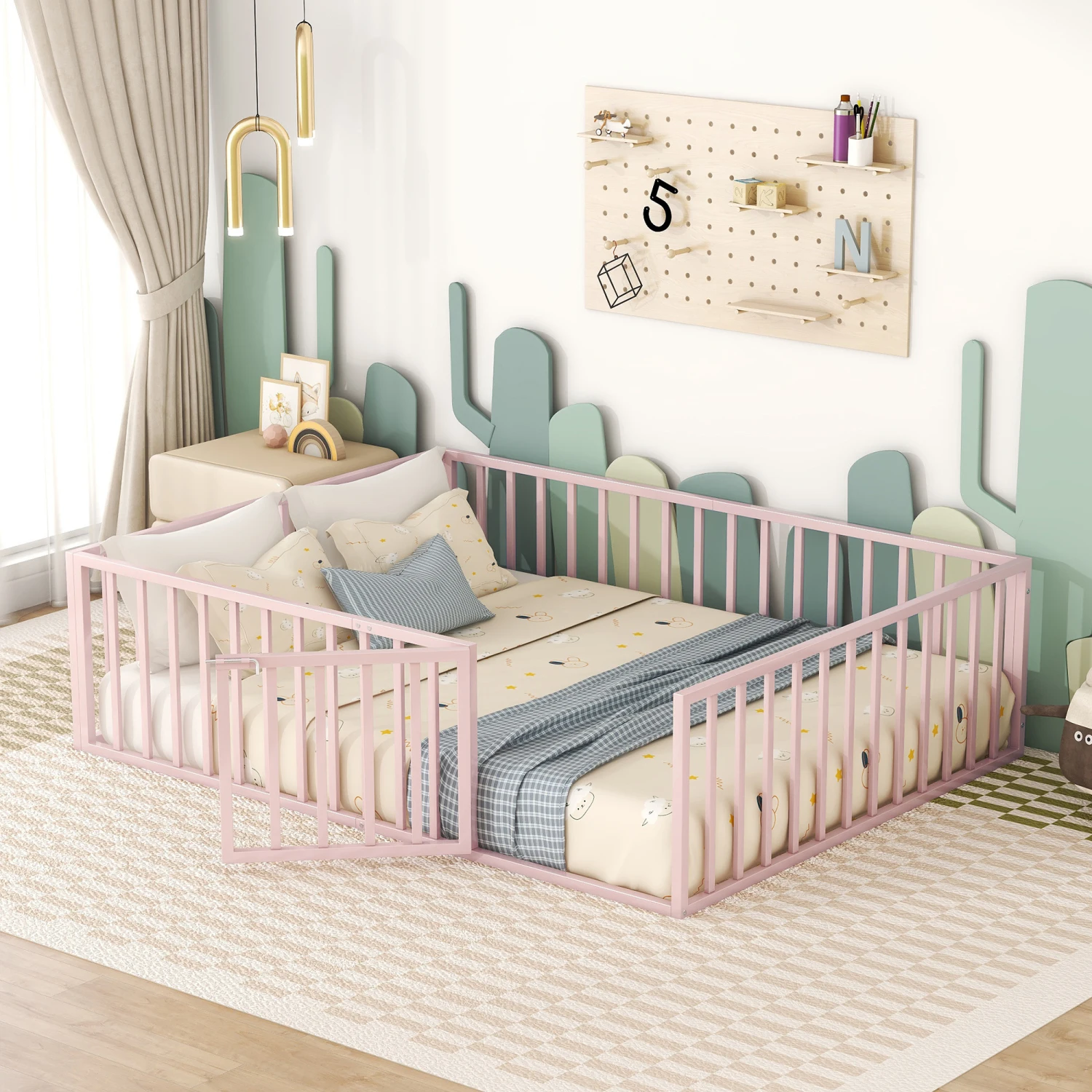 

Queen Size Metal Floor Bed Frame, Pink with Fence and Door.