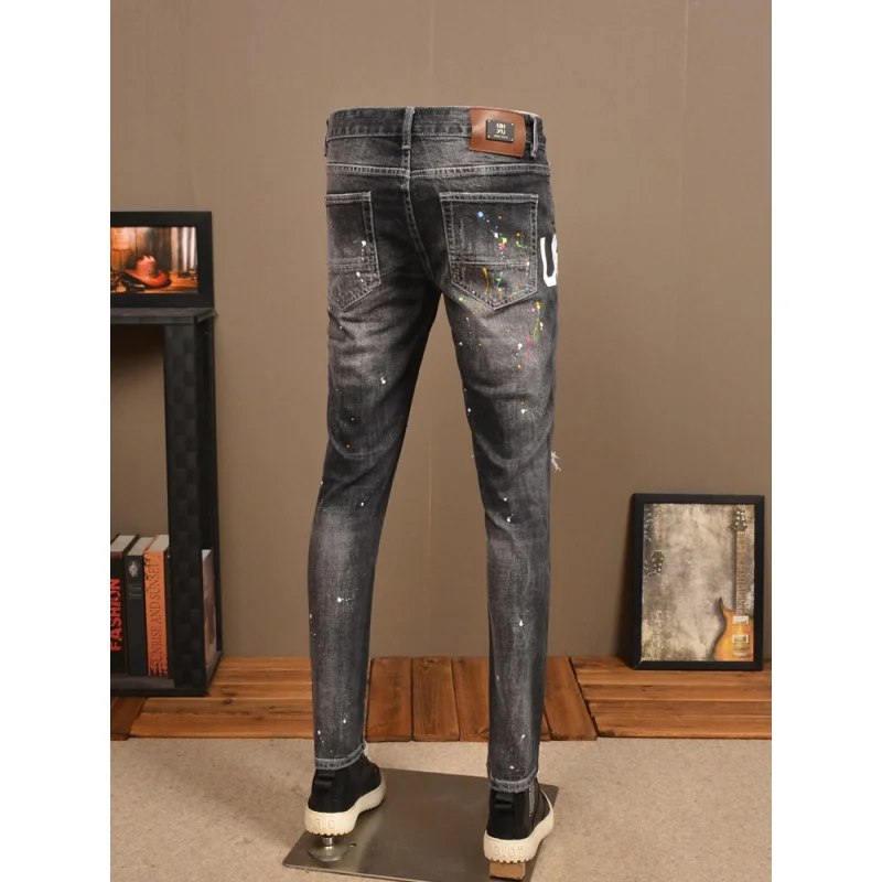 Vintage Printed Ripped Jeans Men's Street Handsome All-Match Stretch High Street Spray Paint Casual Skinny Tappered Pants