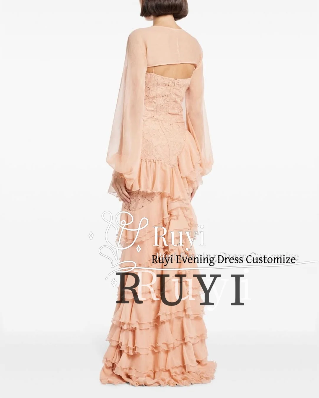 Abiti da ballo in pizzo con scollo a cuore personalizzati Abiti da sera in chiffon con maniche lunghe a sbuffo per occasioni formali con volant a strati