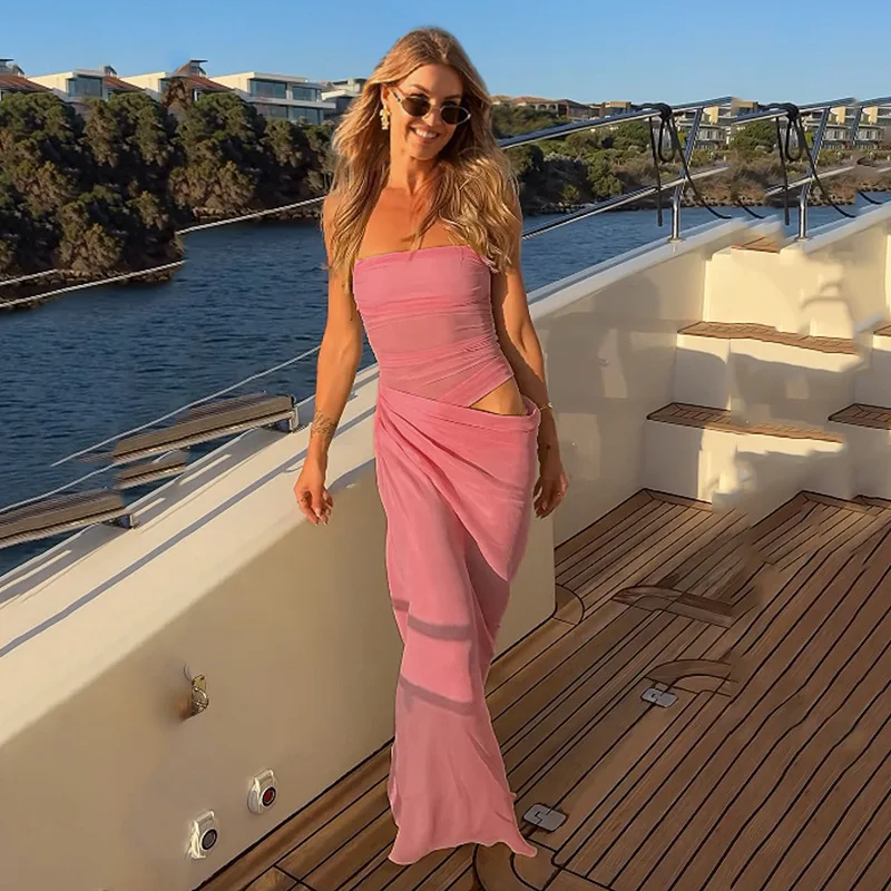 New Summer Mesh Sheer Sleeveless Halter Top Splicing Satin Fishtail Long Skirt Special Vacation Dress Women Beach Vestidos Party