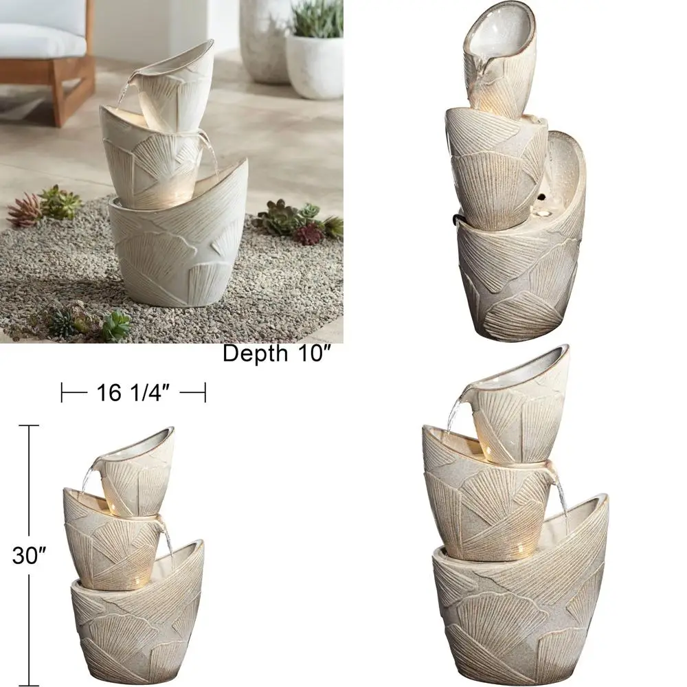 

Large Coastal Modern Outdoor Indoor Faux Stone Floor Fountain with LED Light Waterfall and Cascading Waters