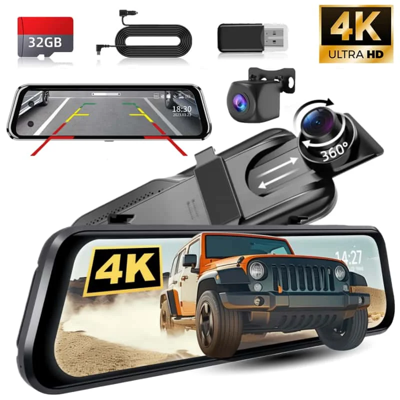 

10-дюймовая автомобильная видеорегистратор 4K с 24-часовым парковочным монитором | Полный сенсорный экран, ночное видение, резервная камера, циклическая запись, крепление на присоске