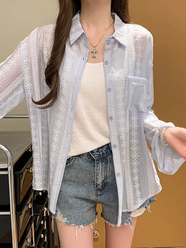 

Модная свободная легкая женская солнцезащитная рубашка с длинными рукавами, новинка лета, утягивающая верхняя одежда, топ