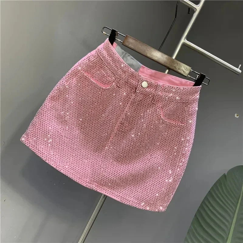 Heavy Industry Hot Drilling High-End Denim Skirt 2024 Spring And Summer New High Waist Pink Sexy A-Word Skirt