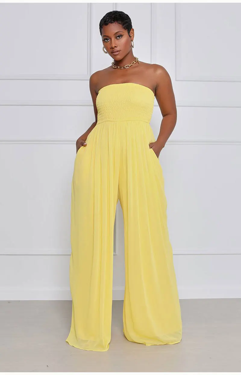 Summer New Solid Chiffon Jumpsuit For Women Fashion Sexy Tube Top High Waisted Wide Leg Trousers Elegant Office Lady Commuting