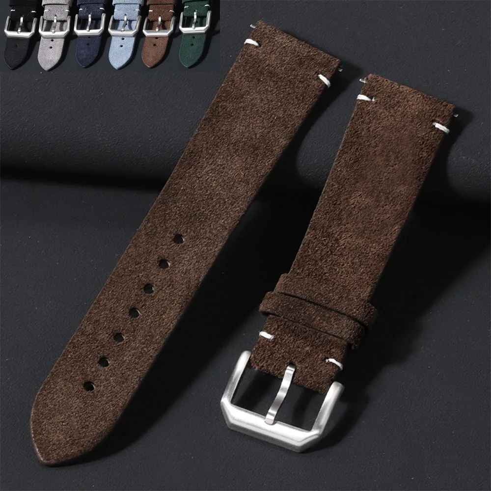 20mm 22mm Soft Suede Leather Watch Strap Smart Watch Band Vintage Quick Release Wristband for Women Men Blue Brown Bracelet