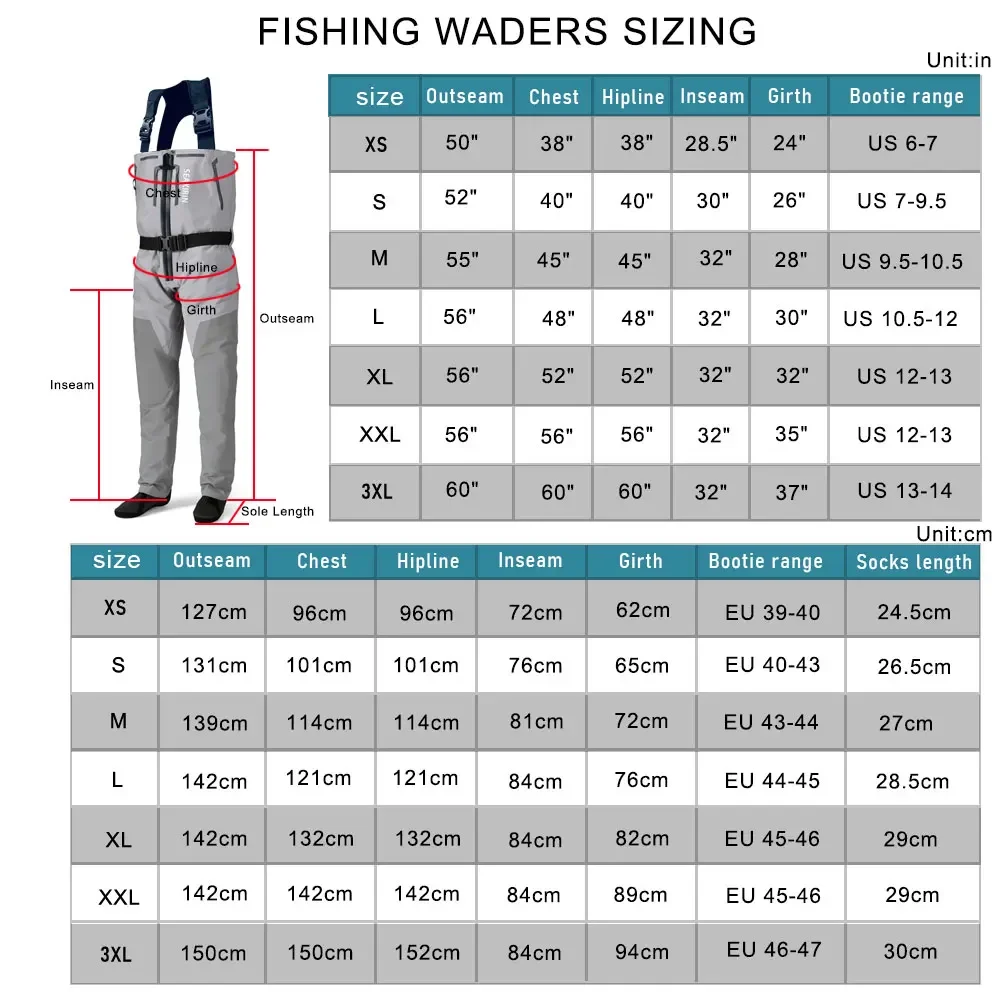 Respirável Zip-Front Peito Waders Pesca, impermeável, com zíper Stockingfoot Waders, costuras soldadas, Upstream Wading engrenagem para a caça