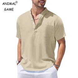 New Mens Henley Short Sleeve Casual Shirt Summer Cotton Shirts Beach Shirts Banded Collar Tshirts lightweight Shirts with Pocket