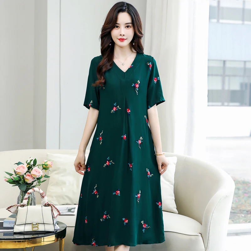 

Women Vintage Dress Summer 2023 New Casual Loose Midi Cotton Linen Dress With Floral Pattern V-Neck Women's Summer Sundresses