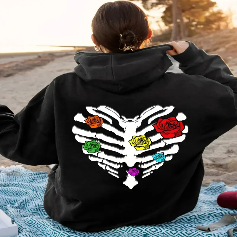 

Женская повседневная толстовка с капюшоном и длинным рукавом, красочный цветочный дизайн, уличная одежда со скелетом и розой, модная уличная толстовка
