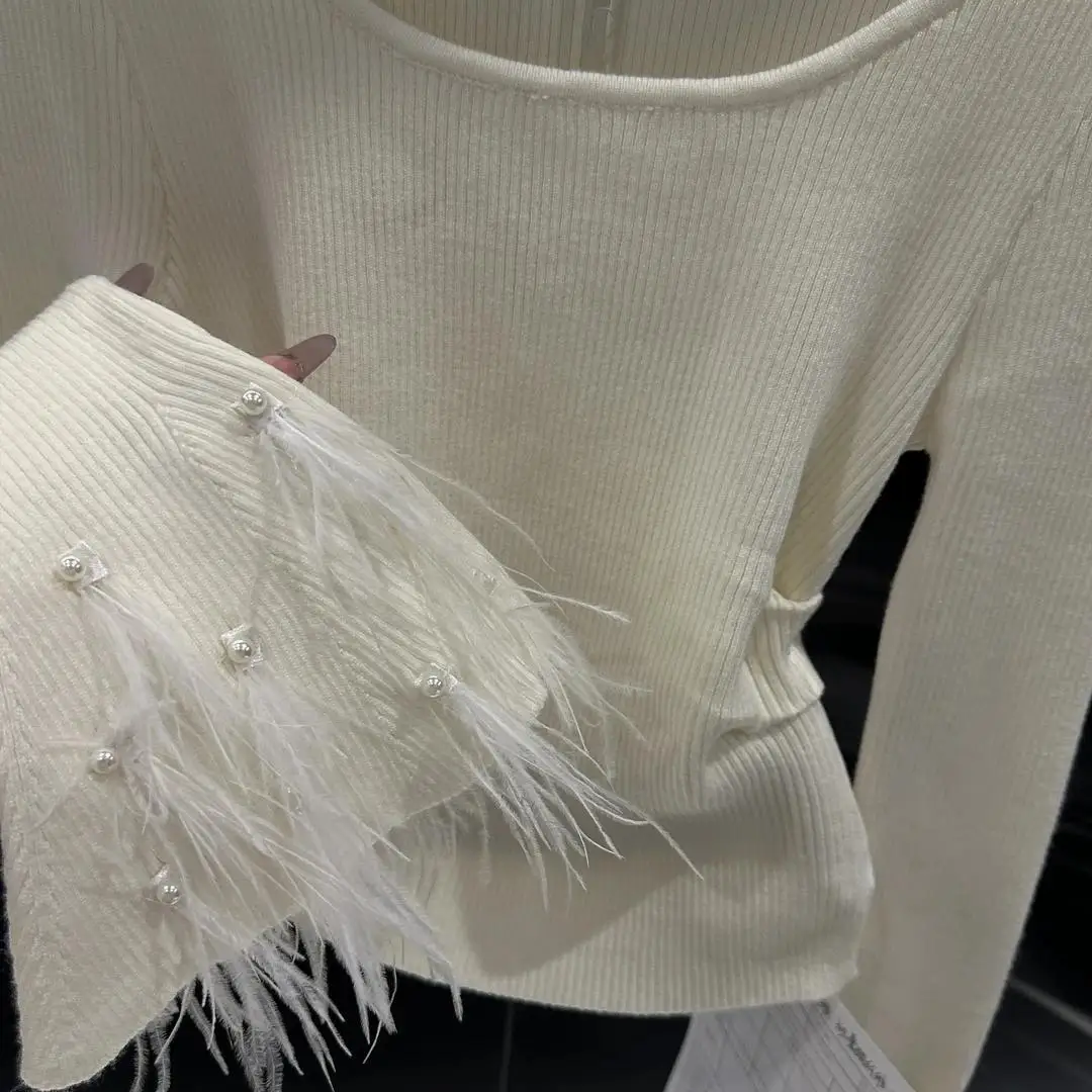 French Gentle Style Versatile Heavy Industry Beading Feather Bell Sleeve Bottoming Shirt for Women Autumn and Winter Sweet Top