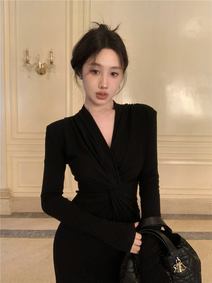 Black Twisted V-neck Knitted Dress For Women Winter Waistband Long Sleeves Buttocks Mid Length Slit Dress Night Club Party Dress