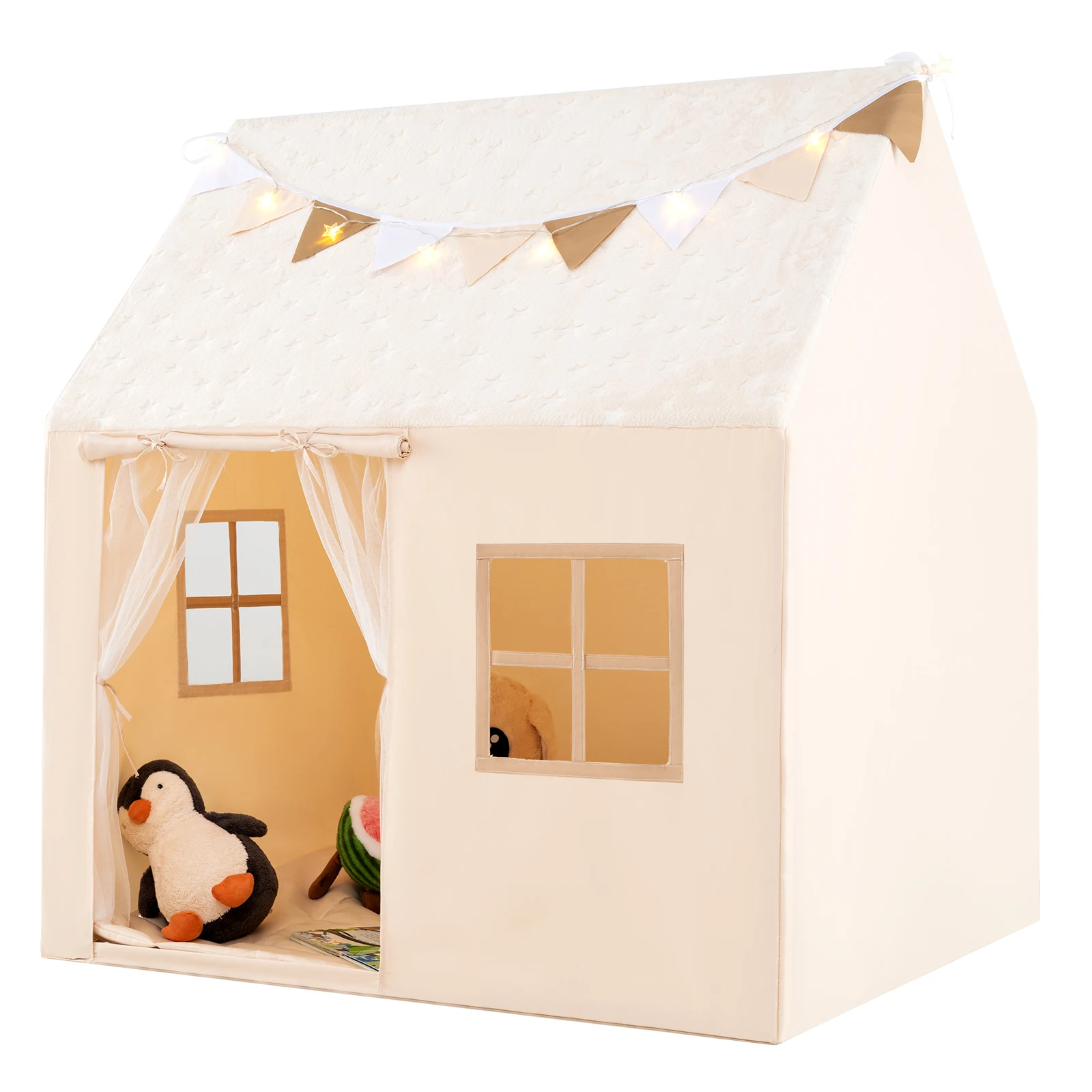 

Kids Play Tent w/ Padded Mat Light String Glow-in-the-dark Fabric Colorful Flags