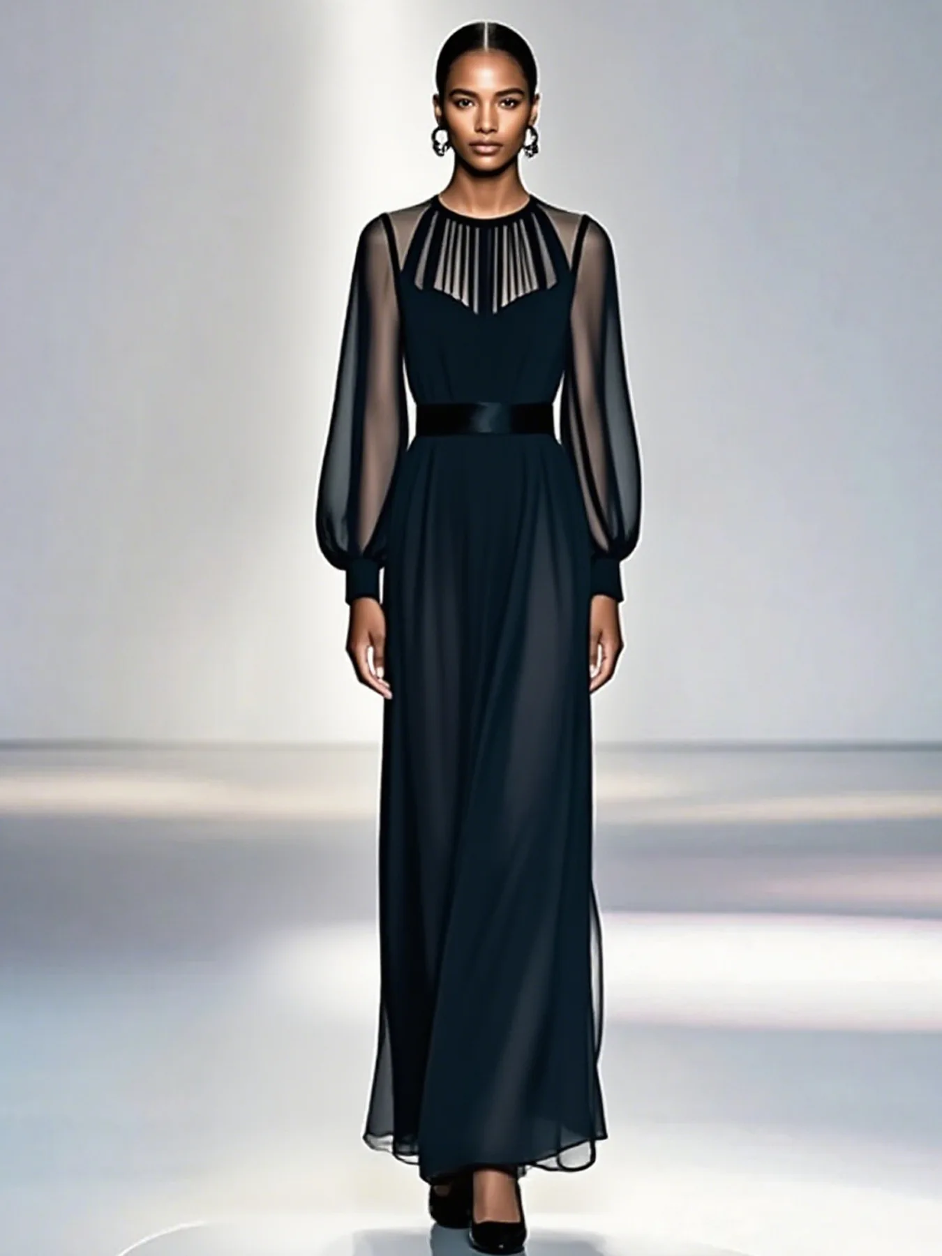 

European and American women's new long skirt with French high-end temperament, black waist cinching two-piece mesh dress