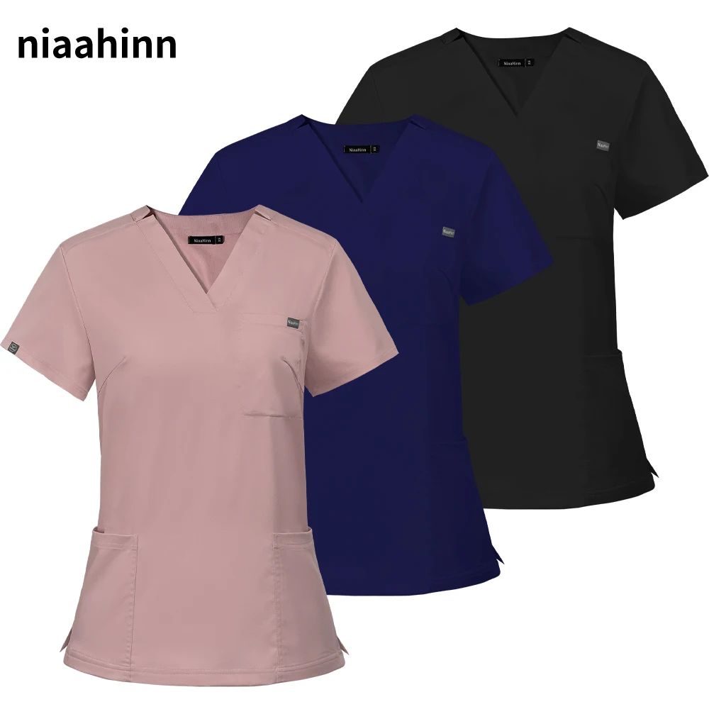 V-neck médico esfrega topos casual blusa de manga curta farmácia hospital geral feminino esfrega roupas de enfermagem uniforme camisa enfermeira