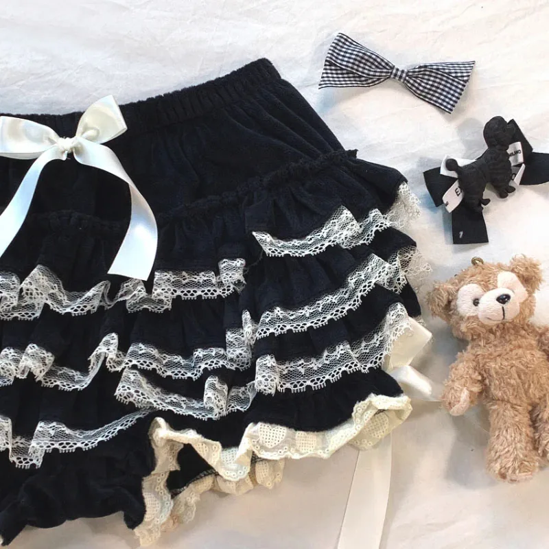 Autunno inverno caldo Lolita sicurezza pantaloni corti donna dolce Chic peluche Bloomers giapponese Y2k pizzo fiocco mutandine Harajuku pantaloncini carini