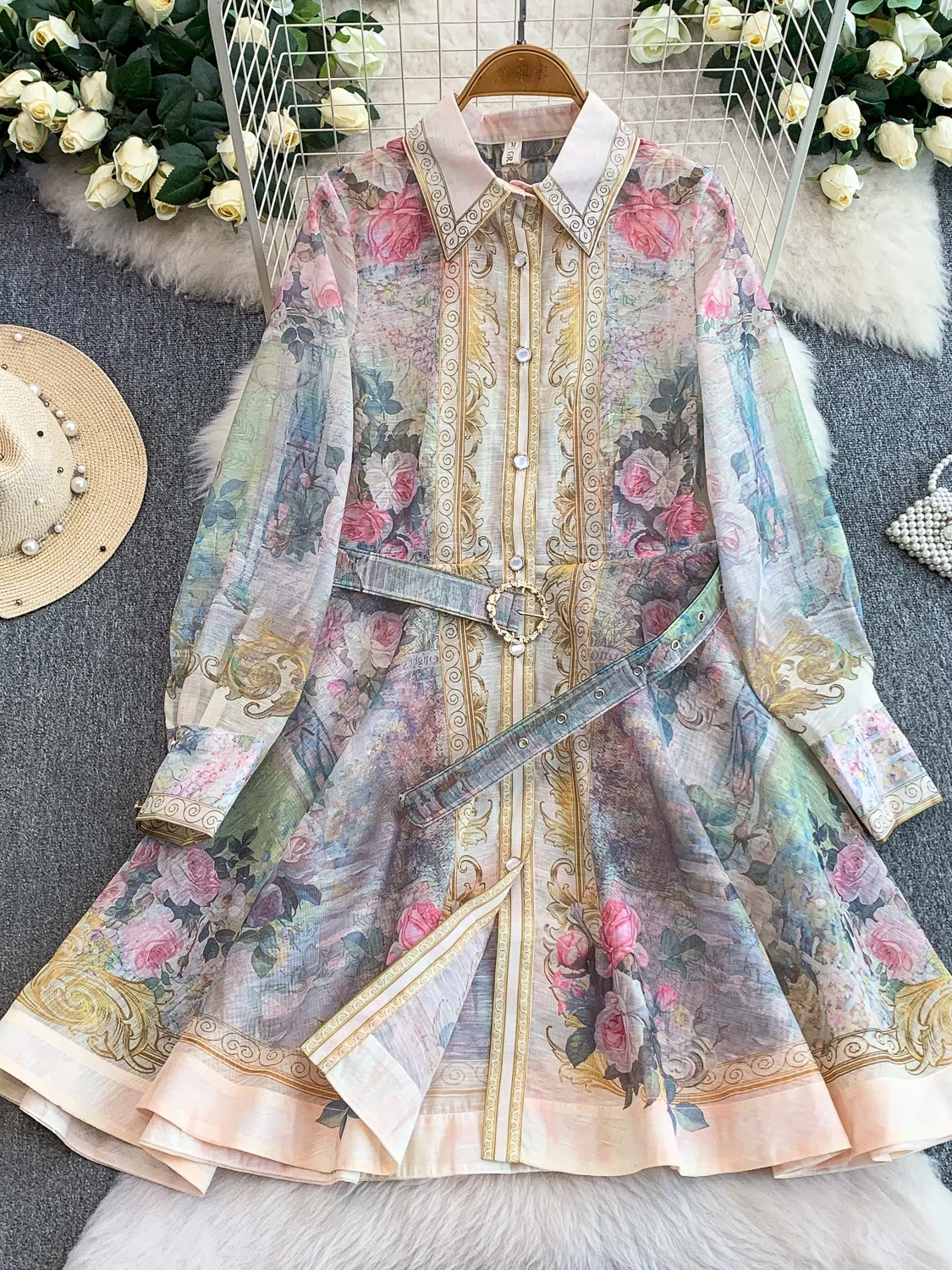 Spring Autumn Long Sleeve Printed Dress Women's Belted Slimming Beautiful Midi Dress Court Style Retro Print High Waist A-Lin...