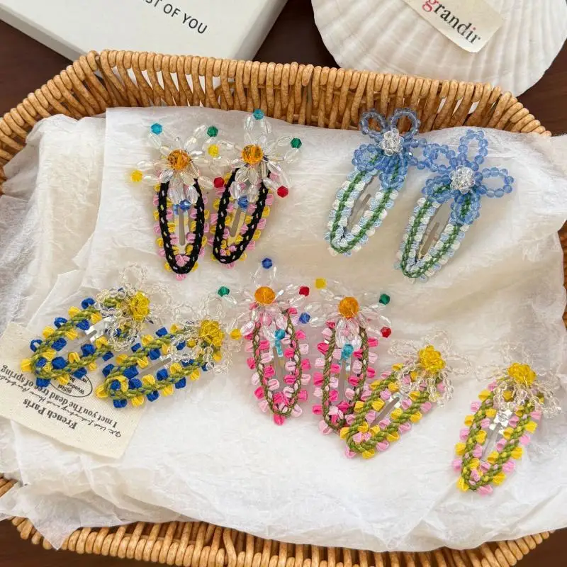 2個セット Y2K風 織り込みオーバルヘアクリップ 女性用 カラフルなビーズフラワーBBクリップ キュートでスイートなデイリーパーティーヘアアクセサリー ギフト 1
