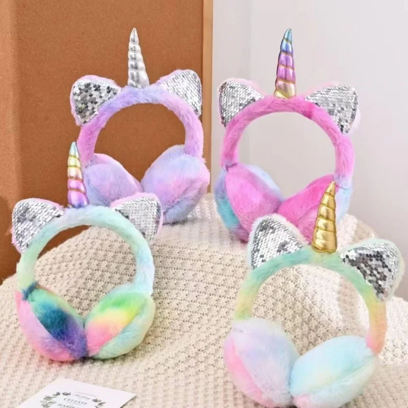 Children Kids Cute Unicorn Earmuffs Sequin Cat Ears Ear-Muffs Cover Winter Warm Fur Plush Headband Women Tie-dye Fluffy Earflap