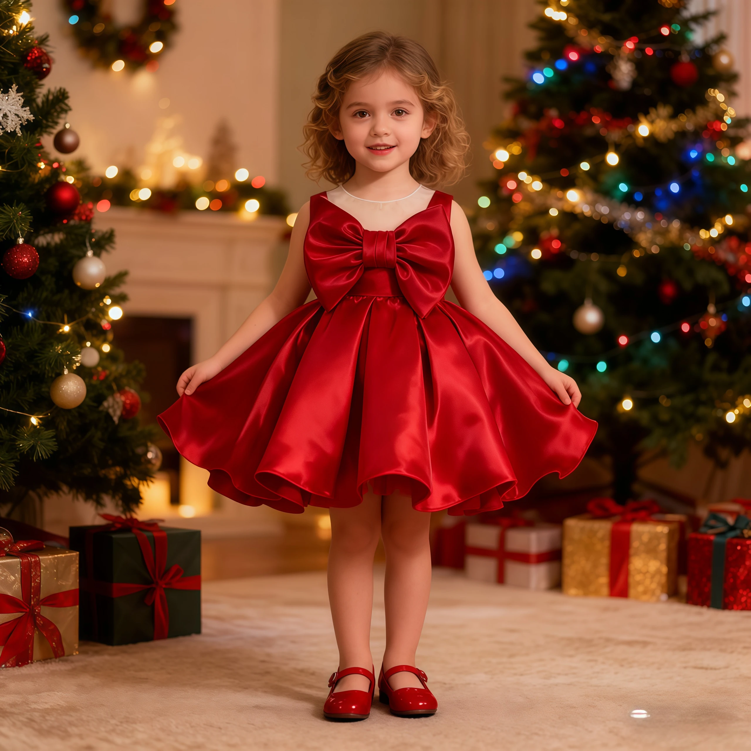Süßes Baby-Mädchen-Weihnachtsoutfit, ärmellos, Satin, große Schleife, Tutu-Kleid für Kleinkinder, Kinder, Taufe, Weihnachten, Geburtstag, Party, Neujahrskleid