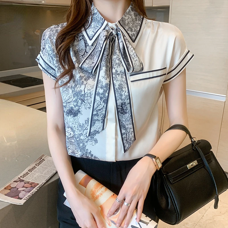 Satin Short Sleeve Blouse Summer Lapel Fit New Casual Bow Tie High-end Temperament Korea Fashion Women Shirt