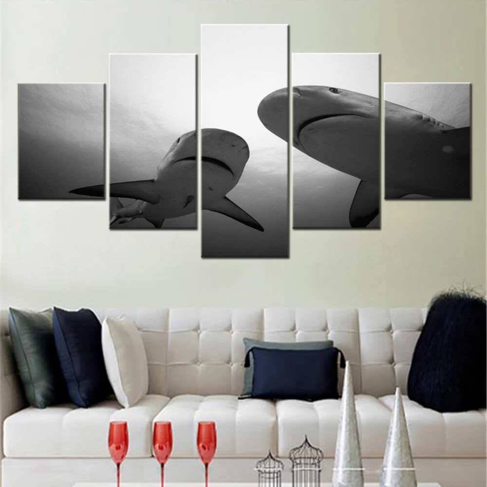 

5 Pieces Canvas Wall Art Poster Painting Shark Steam Water Black And White Wallpaper Home Decor Living Room Pictrure Print Mural